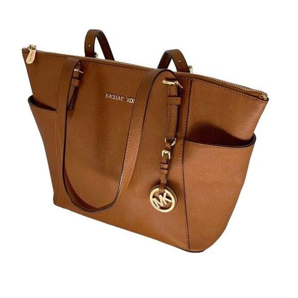 Michael Kors Womens Jet Set Zip Saffiano Leather Tote Shoulder Bag Brown Medium - Picture 2 of 12